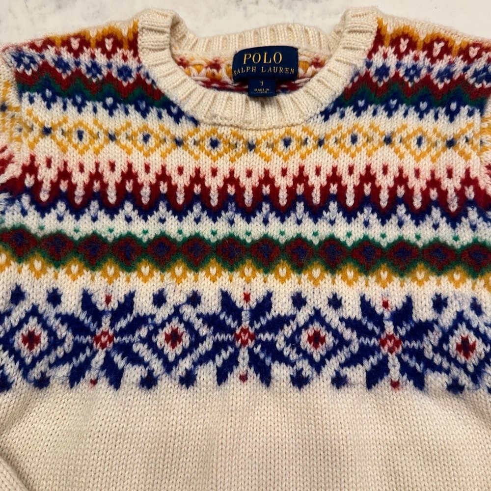 Polo Ralph Lauren Boys Ivory Fair Isle Crewneck Sweater 7 Cotton Wool Ski READ - Picture 6 of 9